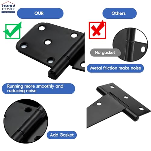 HOME MASTER HARDWARE 6" Heavy Duty Gate Hinges, 4 Pack T-Strap Hinge, Black