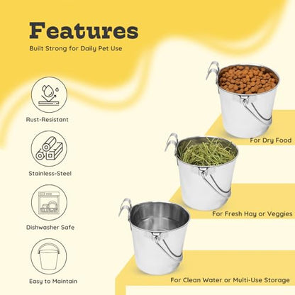 2 Quart Stainless Steel Flat Sided Bucket with Dual Hooks | 2 Pcs Durable Food & Water Bowl for Dog Cats Bird & Small Animals | Fits kennel Cage Crates Hanging Pet Pail | Multipurpose use - size: 2 Quart (Pack of 2)