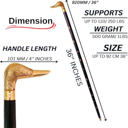 Vintage Antique Walking Cane Black Wooden Walking Stick with Golden Brass Designer Duck Handle Wooden Walking Cane for Men & Women, Fancy Canes, Ideal Gift