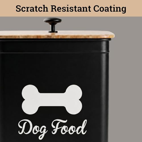Metal Dog Food Container 5-7lb, 25 Cup w/ Airtight Bamboo Lid, Metal Handle - color: Black: Bone
