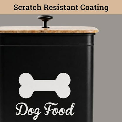 Metal Dog Food Container 5-7lb, 25 Cup w/ Airtight Bamboo Lid, Metal Handle - color: Black: Bone