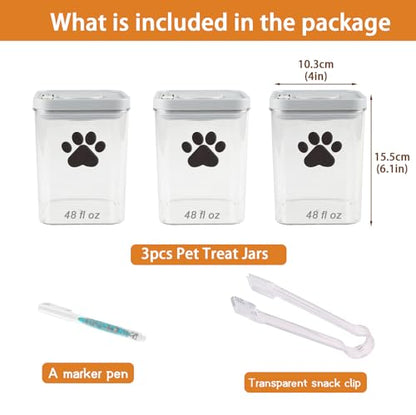 3pack Airtight Dog Treat Jars|48oz POP Dog Cat Food Container|Plastic Dog Cat Treat Container for Kitchen Counter|Puppy Food Bin|Dog Cookie Jar-Keep Food Fresh Crispy-BPA free