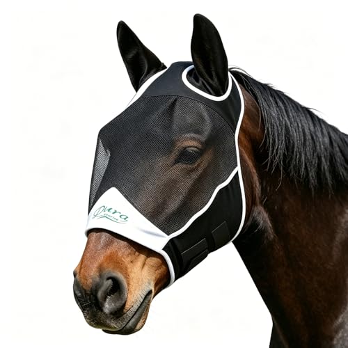 Horse Fly Mask, Full Face Large Eye Area & Ear Guard, Anti-Fly UV Shield for Riding, Grazing & Stable, Black, Full‑Size to Large Horse - color: Black, size: Full / X‑Full