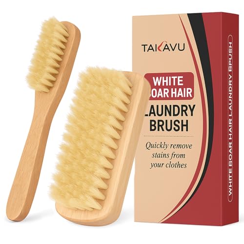 TAKAVU Laundry Brush Set, Soft Boar Bristle and Compact Wood Handle - color: White Boar
