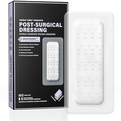 EVERLIT Post-Surgical Dressing | Sterile Waterproof Adhesive Dressing for Post-Operative Wound Care | Hypoallergenic Silicone Coated Bandage for Surgical Incision Pack of 5 (4" x 8") - size: 4" x 8"