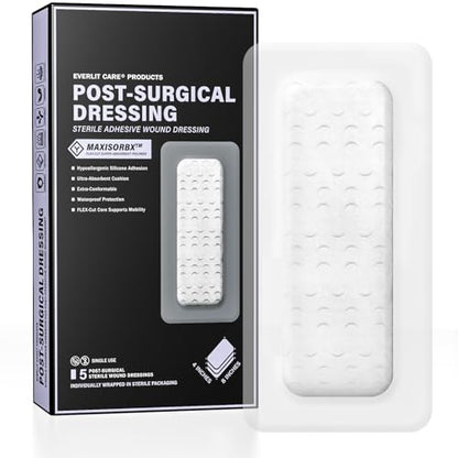 EVERLIT Post-Surgical Dressing | Sterile Waterproof Adhesive Dressing for Post-Operative Wound Care | Hypoallergenic Silicone Coated Bandage for Surgical Incision Pack of 5 (4" x 8") - size: 4" x 8"