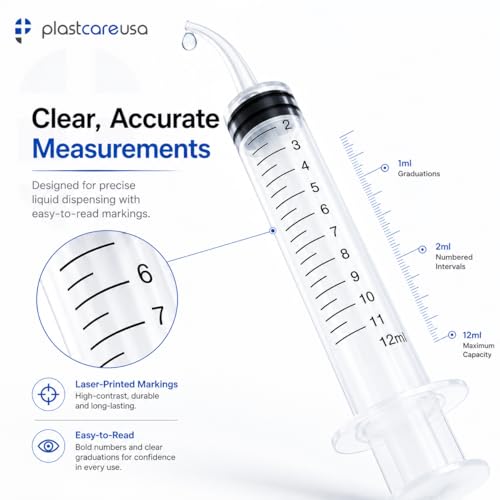 50 Curved Tip Irrigation Syringes (12cc / 12ml) - Disposable Oral Dispensing Utility Syringe (Box of 50) by PlastCare USA