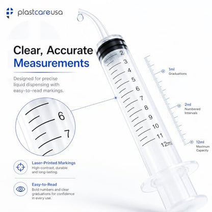 50 Curved Tip Irrigation Syringes (12cc / 12ml) - Disposable Oral Dispensing Utility Syringe (Box of 50) by PlastCare USA