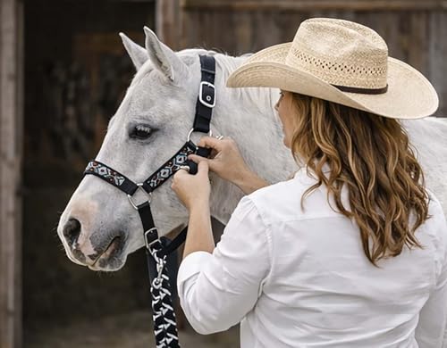 CHALLENGER Nylon Horse Beaded Halter Nickle Plated Hardware w/Lead Rope Tack Blue 606175 - color: Black, size: Cob Size