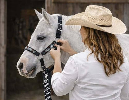 CHALLENGER Nylon Horse Beaded Halter Nickle Plated Hardware w/Lead Rope Tack Blue 606175 - color: Black, size: Cob Size