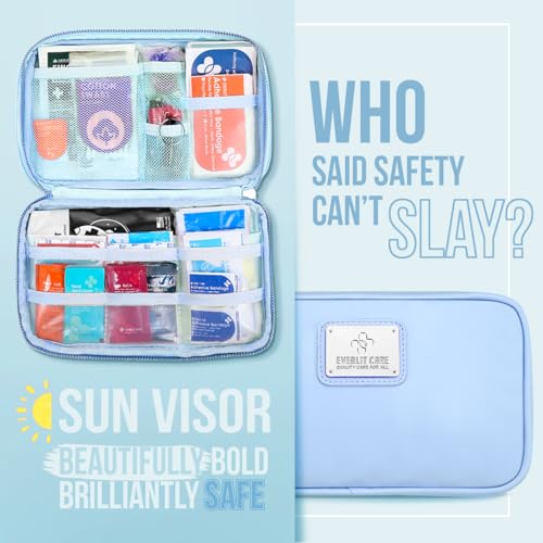 EVERLIT CARE Car First Aid Kit with Emergency Supplies Survival Gear Including Window Breaker Disposable Urine Bag Mountable Survival Kit for Family Travel in Car (Cyan) - color: Cyan
