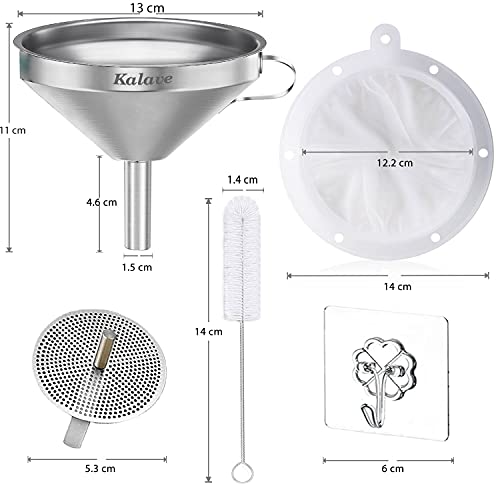 KALAVE Premium Stainless Steel Funnel, 5 Inch Food Grade Kitchen Funnels with 200 Mesh Food Filter Strainer for Filling Bottles, Oils, Juice, Wine, Coffee, Milk