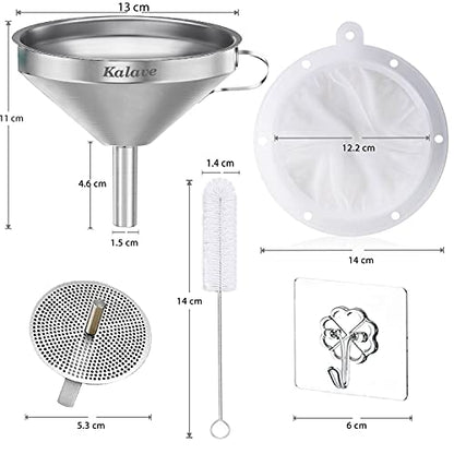 KALAVE Premium Stainless Steel Funnel, 5 Inch Food Grade Kitchen Funnels with 200 Mesh Food Filter Strainer for Filling Bottles, Oils, Juice, Wine, Coffee, Milk