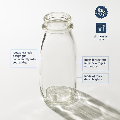 kitchentoolz 12 Oz Square Glass Milk Bottles with Lids (4 Pack) – Reusable Glass Creamer Bottles for Milk, Juice, and More – Includes Tamper-Proof Caps and One Silicone Pour Spout - size: 12 Ounce