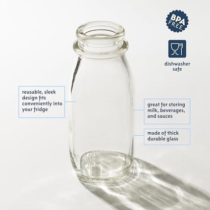 kitchentoolz 12 Oz Square Glass Milk Bottles with Lids (4 Pack) – Reusable Glass Creamer Bottles for Milk, Juice, and More – Includes Tamper-Proof Caps and One Silicone Pour Spout - size: 12 Ounce
