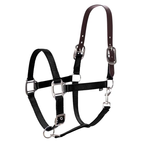 Equinavia Loki Nylon Horse Halter: Breakaway Leather Crown, Adjustable Fit - color: Black, size: Pony