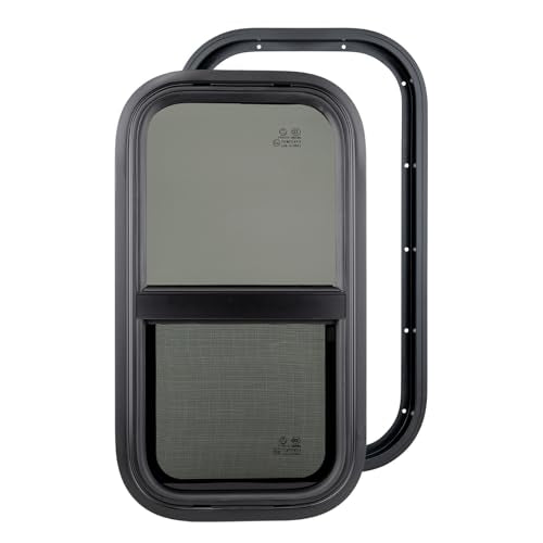 Dulepax Vertical RV Window, 12" W x 24" H Tinted Slide Trailer Window, Tempered Glass Camper Window Replacement with Net Screen and Trim Ring, DOT Approved - size: Vertical 12"x24"