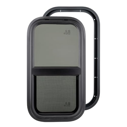 Dulepax Vertical RV Window, 12" W x 24" H Tinted Slide Trailer Window, Tempered Glass Camper Window Replacement with Net Screen and Trim Ring, DOT Approved - size: Vertical 12"x24"