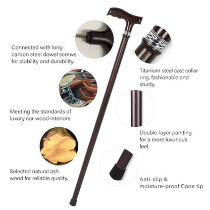 Wooden Walking Cane for Men, Ergonomic Handcrafted Cane, Ash Wood - color: Cane-A Walnut
