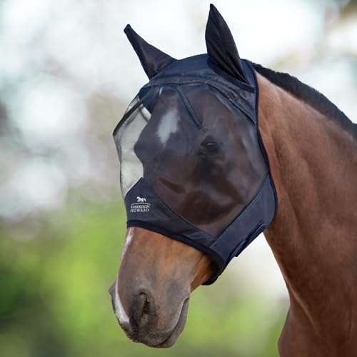 Harrison Howard CareMaster Horse Fly Mask Large Eye Space Half Face with Ears Black Small Pony - color: Black, size: Pony (Small)