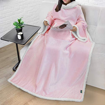 PAVILIA Sherpa Wearable Blanket with Sleeves and Pocket, Plush Thick Cozy Body Blanket Wrap for Adult Women Men, Christmas Gift for Wife Mom, Light Pink - color: Light Pink