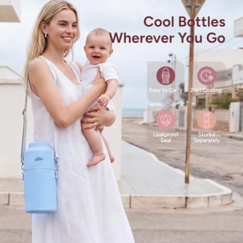 Portable Breast Milk Cooler 22oz Large Capacity with 2 Bottles for Outdoor - color: Blue