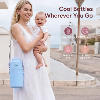 Portable Breast Milk Cooler 22oz Large Capacity with 2 Bottles for Outdoor - color: Blue