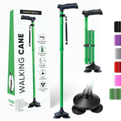 HONEYBULL Walking Cane for Men & Women, Foldable Free Standing Cane | Adjustable Height, Collapsible Design, Heavy-Duty, Pivot Base for Stable Support, Ergonomic Handle - color: Green