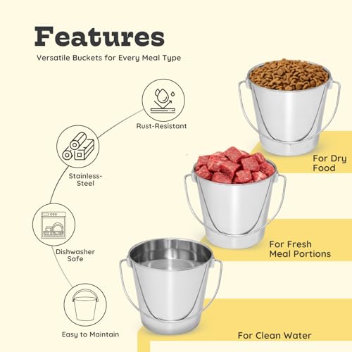 6 quart Heavy Duty Stainless Steel Round Bucket with Handle | 1.5 gal Sturdy Food & Water Bowl for XL Dogs Cats Goat sheep & Livestock | Fits kennel Crate Cage Farm | Hanging Utility Pail - size: 6 Quarts