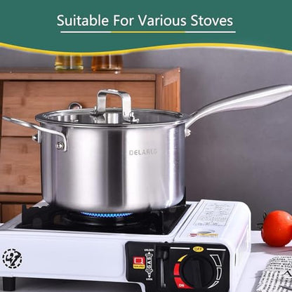 DELARLO Full-body Clad Tri-ply Stainless Steel 3.5 Quart Saucepan with Lid - color: Silver, size: 3.5 Quarts