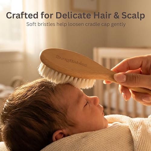 Wooden Baby Hair Brush with Natural Goat-Hair Bristles - Ultra Soft Baby Brush for Newborns & Infants with a Cotton Travel Pouch - Helps with Cradle Cap Care - 21cm Easy Grip Beech Wood Handle - size: Pack of 2