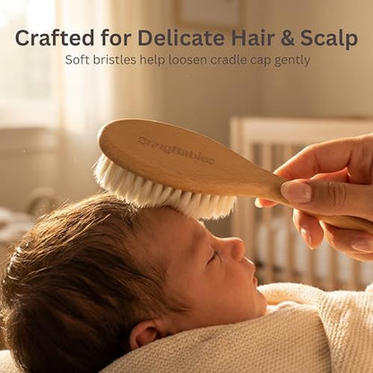 Wooden Baby Hair Brush with Natural Goat-Hair Bristles - Ultra Soft Baby Brush for Newborns & Infants with a Cotton Travel Pouch - Helps with Cradle Cap Care - 21cm Easy Grip Beech Wood Handle - size: Pack of 2