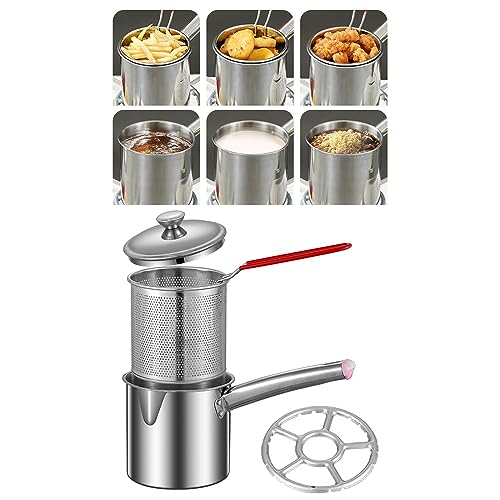 Stainless Steel Deep Fryer Pot Small Deep Fryer Pot Multifunction with Strainer Basket Butter Warmer Pot Milk Pan for Home Restaurant, Burner Rack 1.2L