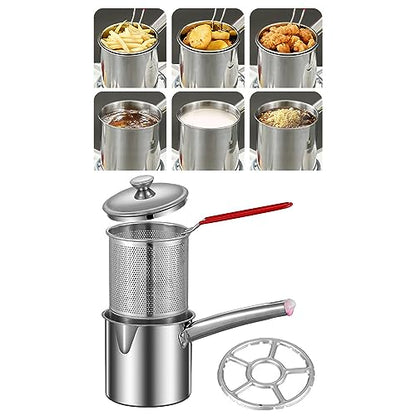 Stainless Steel Deep Fryer Pot Small Deep Fryer Pot Multifunction with Strainer Basket Butter Warmer Pot Milk Pan for Home Restaurant, Burner Rack 1.2L