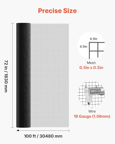 VEVOR Hardware Cloth 72 in x 100 ft, 1/2 in 19 Gauge Galvanized Wire Mesh Roll, Weather-Resistant Vinyl Coated Chicken Wire Fencing, Heavy Duty Welded Garden Plant Fencing for Rabbit Cage Snake Fence | For Rabbit Cage, Snake Fence, Weather-Resistant Vinyl