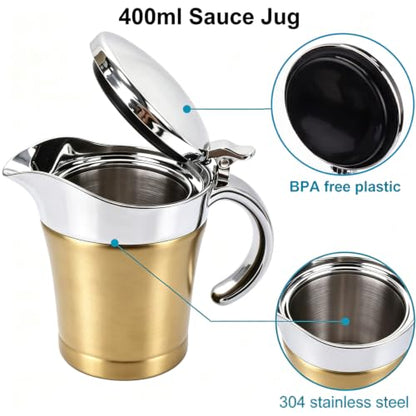 Double Insulated Gravy Boat - Stainless Steel Sauce Jug with Hinged Lid Hinged Lid Ideal for Gravy or Cream at Thanksgiving (450ML/16 OZ Gold plating) - color: 450ML/16 OZ Gold plating