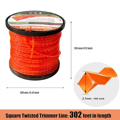 Weed Eater String, Commercial Square Twist .105" Diameter x 302' String Trimmer Line in Spool,Premium Nylon Universal Replacement Weed Wacker String, Orange - size: 302FT x .105 in