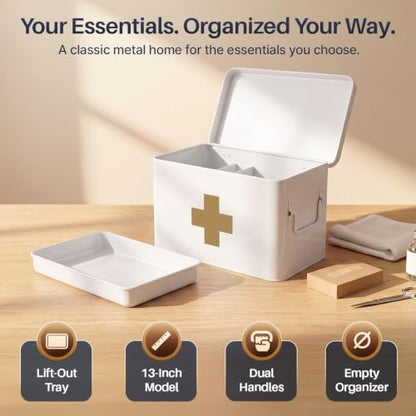 Flexzion Large Metal First Aid Box Empty, 13-Inch, White with Gold Cross - color: White - Gold Cross, size: 13 Inch without Latch Lock