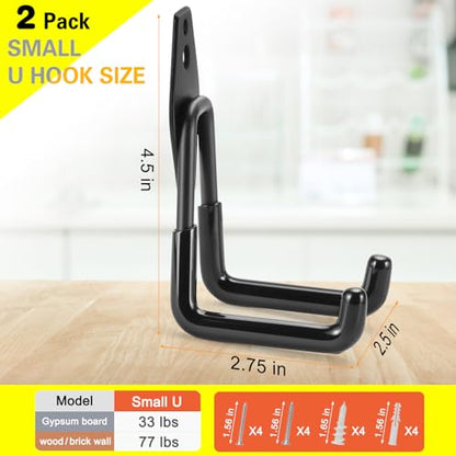 2 Pack Heavy Duty Garage Hooks Storage Organizer Wall Mount Power and Garden Tool Hangers, for Hanging Ladders, Ropes, Hose, Bulk Items - color: Black 2 pack
