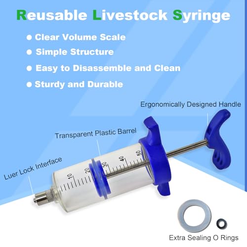 50ML Luer lock Tip Syringe with Clear Volume Scale Reusable Livestock Syringe for Cattle Horse Sheep Goat Pig Dog Cat - size: Standard