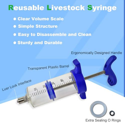 50ML Luer lock Tip Syringe with Clear Volume Scale Reusable Livestock Syringe for Cattle Horse Sheep Goat Pig Dog Cat - size: Standard