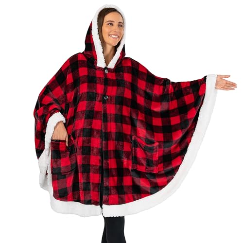 PAVILIA Hooded Blanket Poncho, Fleece Wearable Shawl Wrap Throw, Plaid Red | Fleece Shawl Wrap with Hood, Adult Wearable Blanket, Cozy Warm Poncho Cape Throw with Pockets, Gift for Elderly Mom - color: Checker Red