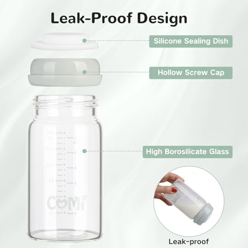 COMI Natural Glass Baby Bottle,Breastmilk Storage Bottle for Fridge,Wide Neck Breast Milk Container with Dome Cap,Fits Breast Pumps & Nipples,BPA Free,4PCS (6oz,4 Gray Lids) - style: 4Gray