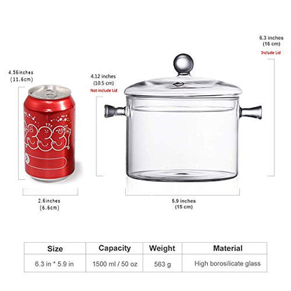 Glass Saucepan with Cover, 1.5L/50 FL OZ Heat-resistant Glass Stovetop Pot and Pan with Lid, The Best Handmade Cookware Set Cooktop Safe for Pasta Noodle, Soup, Milk, Baby Food