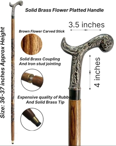 “Elegant Wooden Walking Stick with Handcrafted Floral Brass Handle – Stylish Men’s & Women’s Cane for Walking Support, Gifts & Everyday Use”
