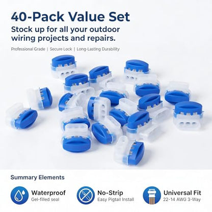 GWHOLE 40Pcs 3-Way Waterproof Wire Connectors for 22-14AWG Cables - color: 40PCS