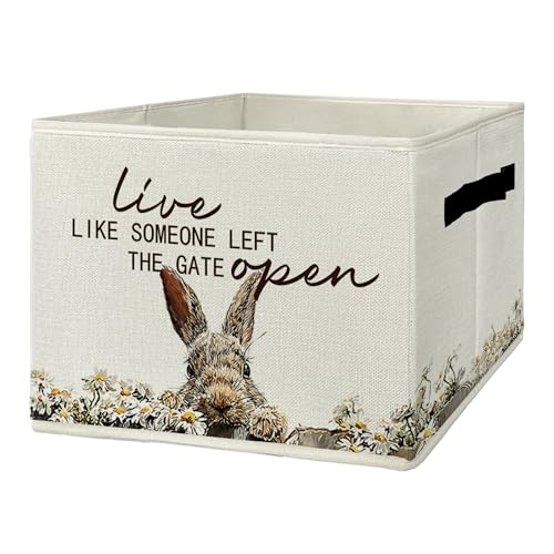 Rustic Bunny Storage Bins & Boxes with Handles, Farmhouse Rabbit Foldable Basket for Organizing, Live Like Someone Left the Gate Open Collapsible Storage Basket for Bedroom Bathroom Clothes Toys - color: Bunny
