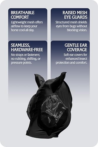 Equinavia Bug Out Horse Fly Mask, Soft Stretch Equine Fly Mask with Ears - color: Black, size: Warmblood
