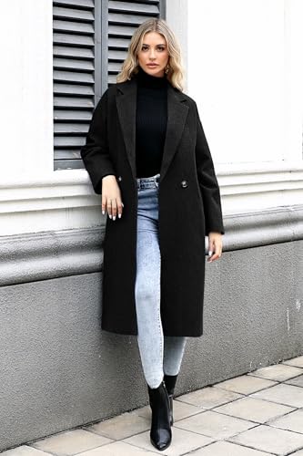 SAUKOLE Womens Winter Pea Coat Notch Lapel Double Breasted Wool Blend Oversized Overcoat with Pockets - color: 12#black, size: Medium