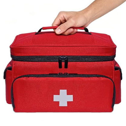 Small First Aid Bag Empty Medical Bag Red Pill Bottle Organizer Case, Portable Emergency Bag Travel Medicine Kit Storage 12" x 9" x 7" First Aid Box for Car, Home, Office, Dorm, Camping (Red)